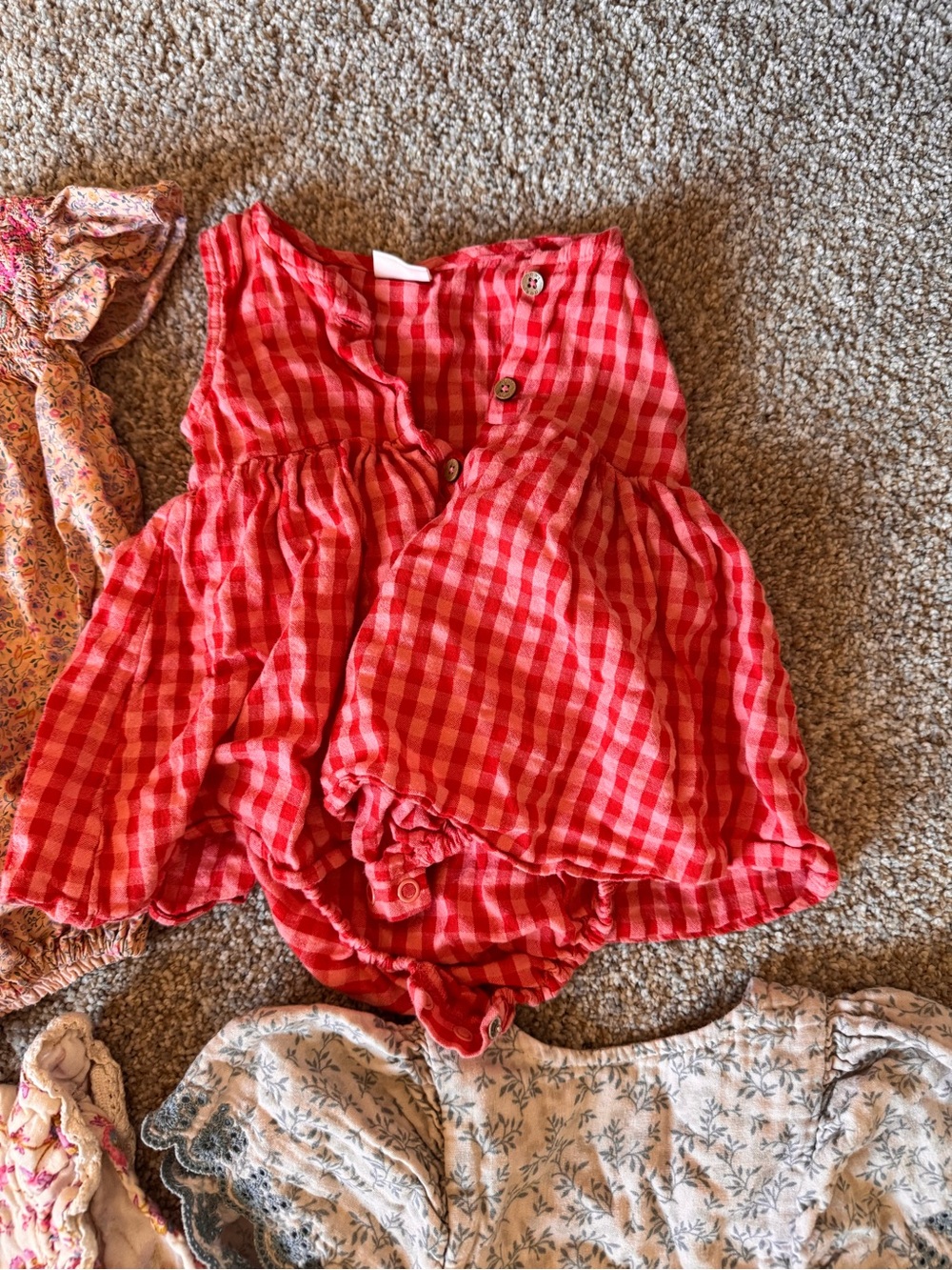 Set of 4 Baby Rompers - Floral & Gingham Mix in Coral, Red, Pink, Gray - Picture 4 of 5